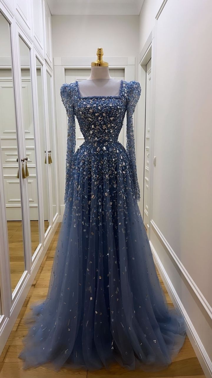 NiceVestidos-_Blue, Luxurious, Exquisitely Beaded Long Tulle Prom Dress NV6072