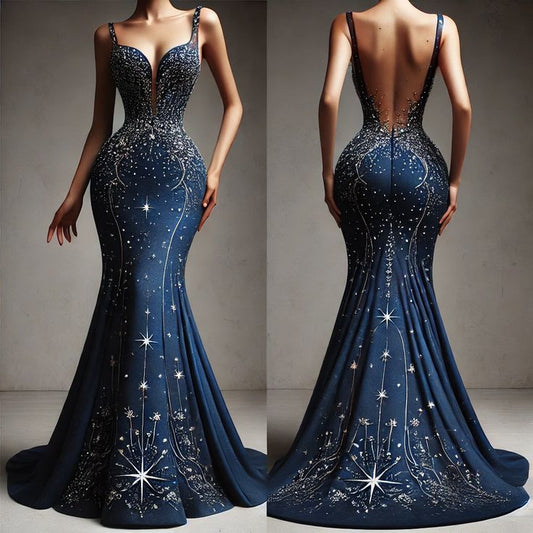 Robe longue NiceVestidos - Bleu, luxueuse, ornée de perles exquises, élégante et jusqu'au sol NV6105