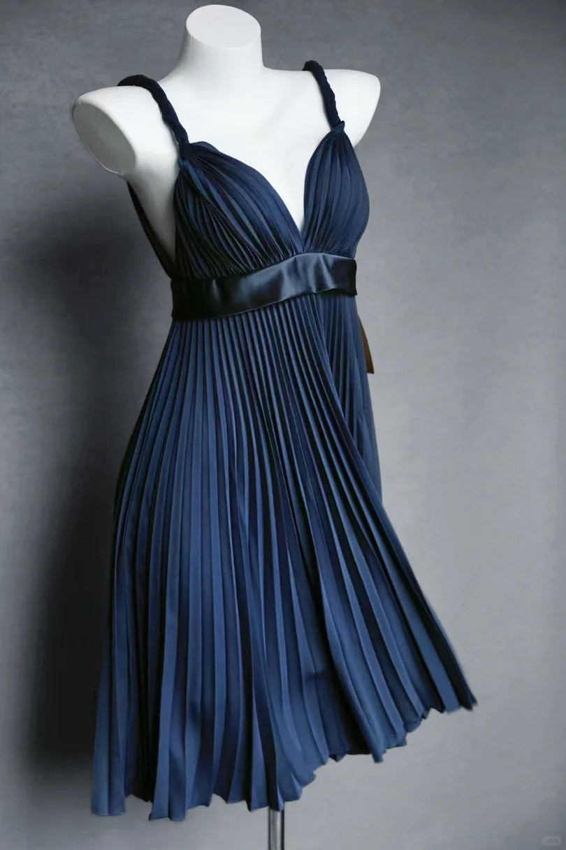 Navy blue short satin fashion pleated homecoming dress birthday dress nv5142