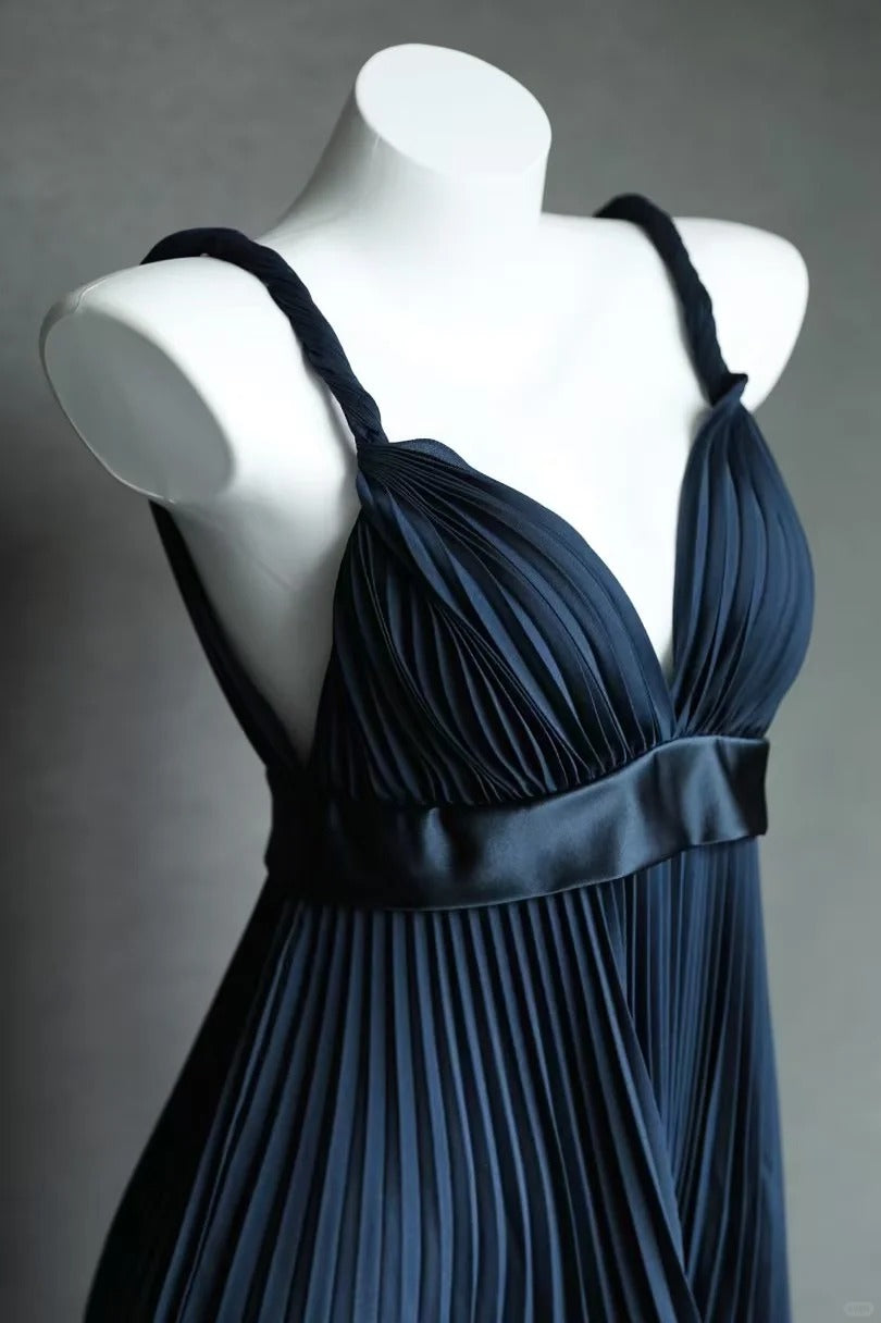 Navy blue short satin fashion pleated homecoming dress birthday dress nv5142