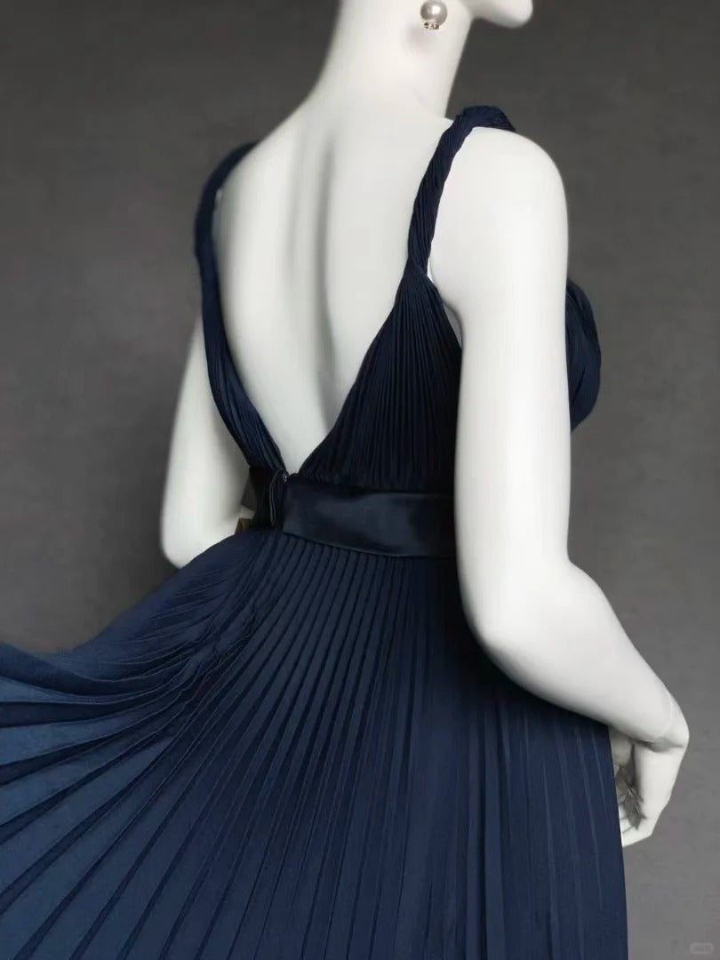 Navy blue short satin fashion pleated homecoming dress birthday dress nv5142