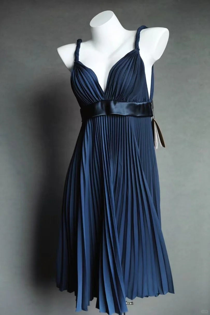 Navy blue short satin fashion pleated homecoming dress birthday dress nv5142
