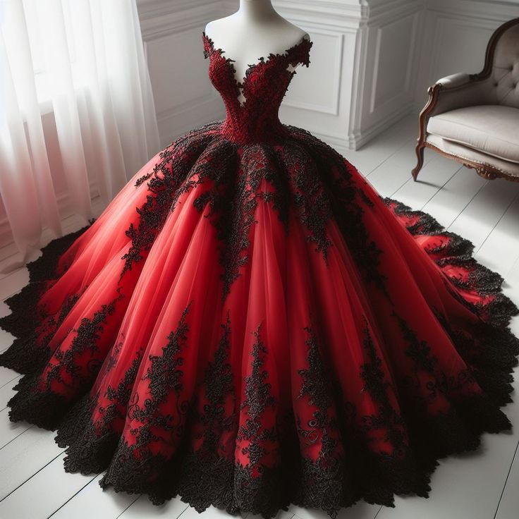NiceVestidos-_Burgundy Delicate Black Lace Long Floor-Length Tulle Ball Gown NV6064