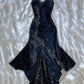 Marineblaues, modisches, trägerloses, langes, figurbetontes Meerjungfrau-Spitzen-Ballkleid, Abendkleid, Partykleid nv3476
