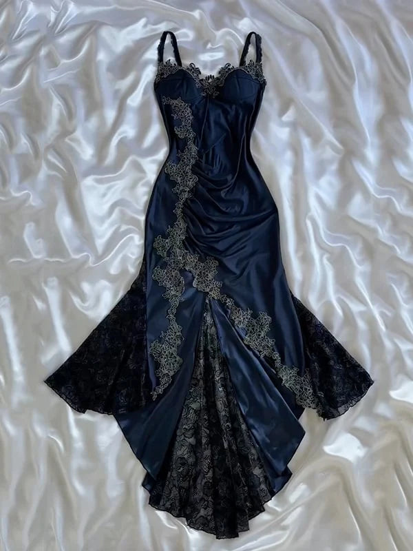 Marineblaues, modisches, trägerloses, langes, figurbetontes Meerjungfrau-Spitzen-Ballkleid, Abendkleid, Partykleid nv3476