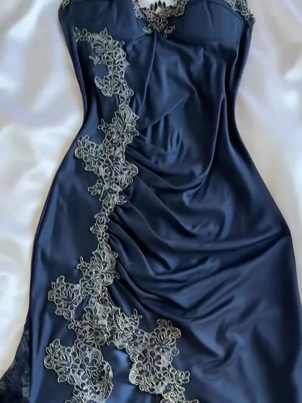 Marineblaues, modisches, trägerloses, langes, figurbetontes Meerjungfrau-Spitzen-Ballkleid, Abendkleid, Partykleid nv3476
