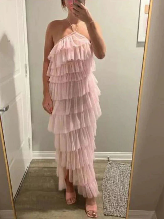 Schlichtes A-Linien-Abendkleid in Rosa mit Neckholder, gestuft, lang, bodenlang, Ballkleid, Abendkleid, Partykleid nv2273