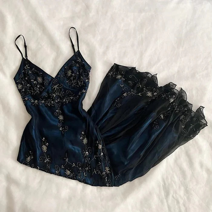 NiceVestidos--Navy Blue Vintage Elegant Exquisite Handmade Beaded Spaghetti Strap Beaded Chiffon Long Ball Gown prom dress Nv5606