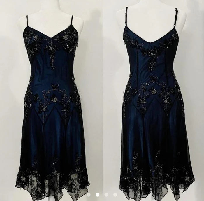 NiceVestidos--Navy Blue Vintage Elegant Exquisite Handmade Beaded Spaghetti Strap Beaded Chiffon Long Ball Gown prom dress Nv5606