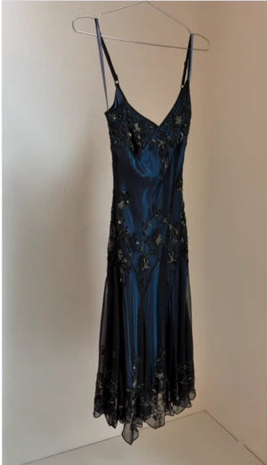 NiceVestidos--Navy Blue Vintage Elegant Exquisite Handmade Beaded Spaghetti Strap Beaded Chiffon Long Ball Gown prom dress Nv5606