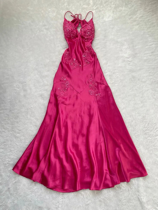 NiceVestidos-- Vintage exquisite floral spaghetti strap sleeveless bright pink long satin backless prom dress evening gown NV5681