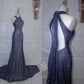 Marineblaues, elegantes, glänzendes Meerjungfrau-Abendkleid, trägerlos, mit Pailletten, lang und tailliert, Ballkleid, nv2750