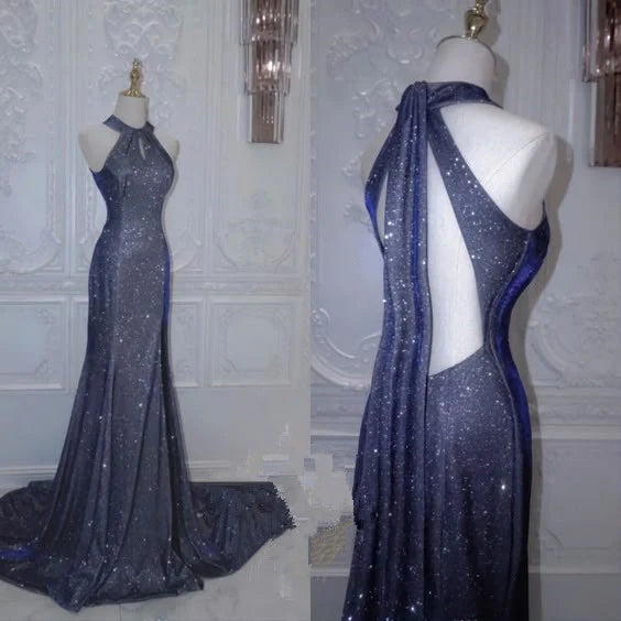 Marineblaues, elegantes, glänzendes Meerjungfrau-Abendkleid, trägerlos, mit Pailletten, lang und tailliert, Ballkleid, nv2750