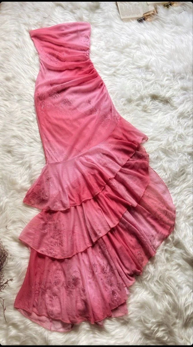 Rosa Hübsches Charmantes Fashion Tube Top Lange Rüschen Chiffon Ballkleid Abendkleid Partykleid nv3436