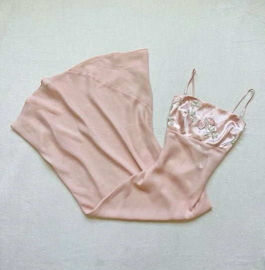 Rosa, zarte Blumenstickerei, Spaghettiträger, lang, schmale Passform, Chiffon, Ballkleid, Abendkleid, Partykleid, nv3508