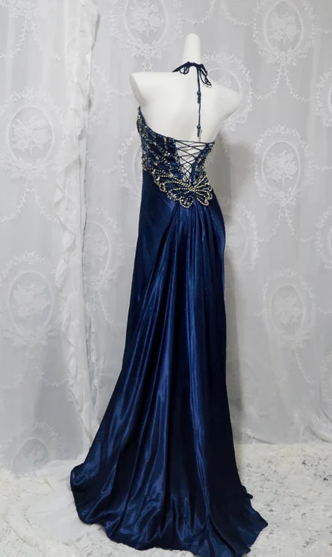 Blue vintage fashion elegant exquisite beaded long satin backless ball gown evening dress nv3625