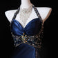 Blue vintage fashion elegant exquisite beaded long satin backless ball gown evening dress nv3625