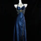 Blue vintage fashion elegant exquisite beaded long satin backless ball gown evening dress nv3625