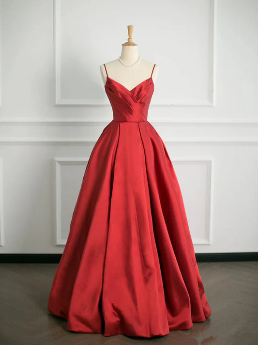Rotes Satin Spaghettiträger langes elegantes Ballkleid Abendkleid NV3404