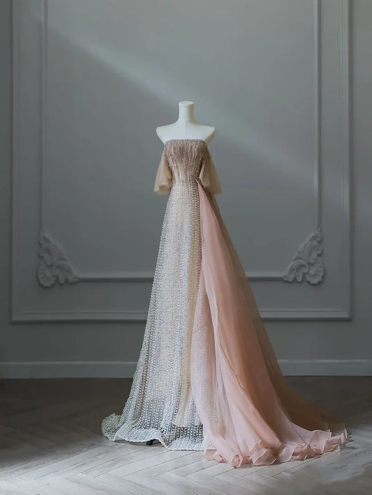 Robe de soirée élégante en tulle rose, luxueuse et luxueuse, avec perles exquises et sexy, coupe trapèze, épaules dénudées, sequins, longue, nv3813