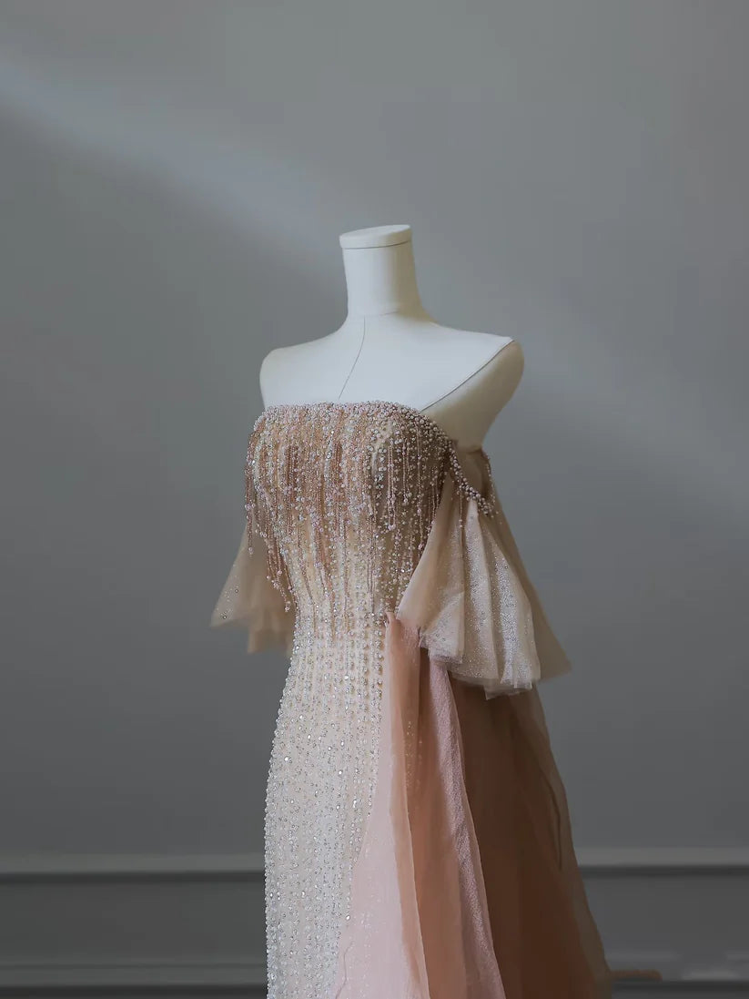 Rosa Luxus Wunderschöne Schwere Exquisite Perlen Sexy A-Linie Off Schulter Pailletten Lange Tüll Elegante Ballkleid Abendkleid nv3813