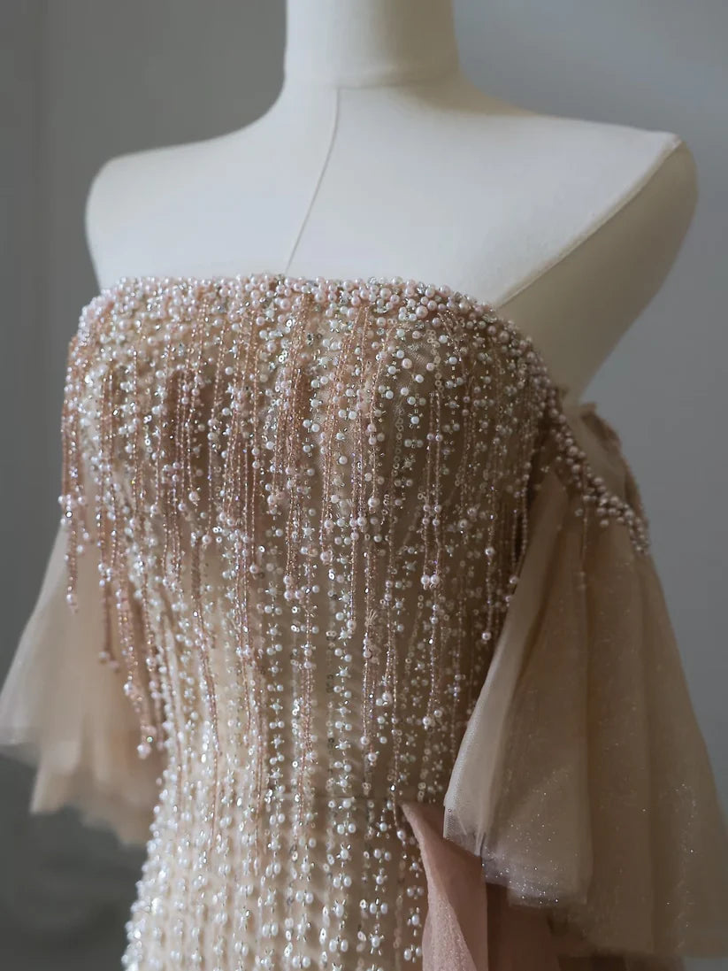 Rosa Luxus Wunderschöne Schwere Exquisite Perlen Sexy A-Linie Off Schulter Pailletten Lange Tüll Elegante Ballkleid Abendkleid nv3813