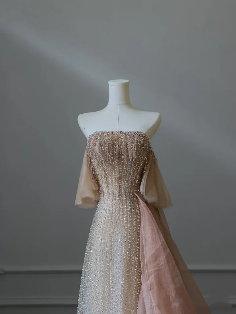 Rosa Luxus Wunderschöne Schwere Exquisite Perlen Sexy A-Linie Off Schulter Pailletten Lange Tüll Elegante Ballkleid Abendkleid nv3813