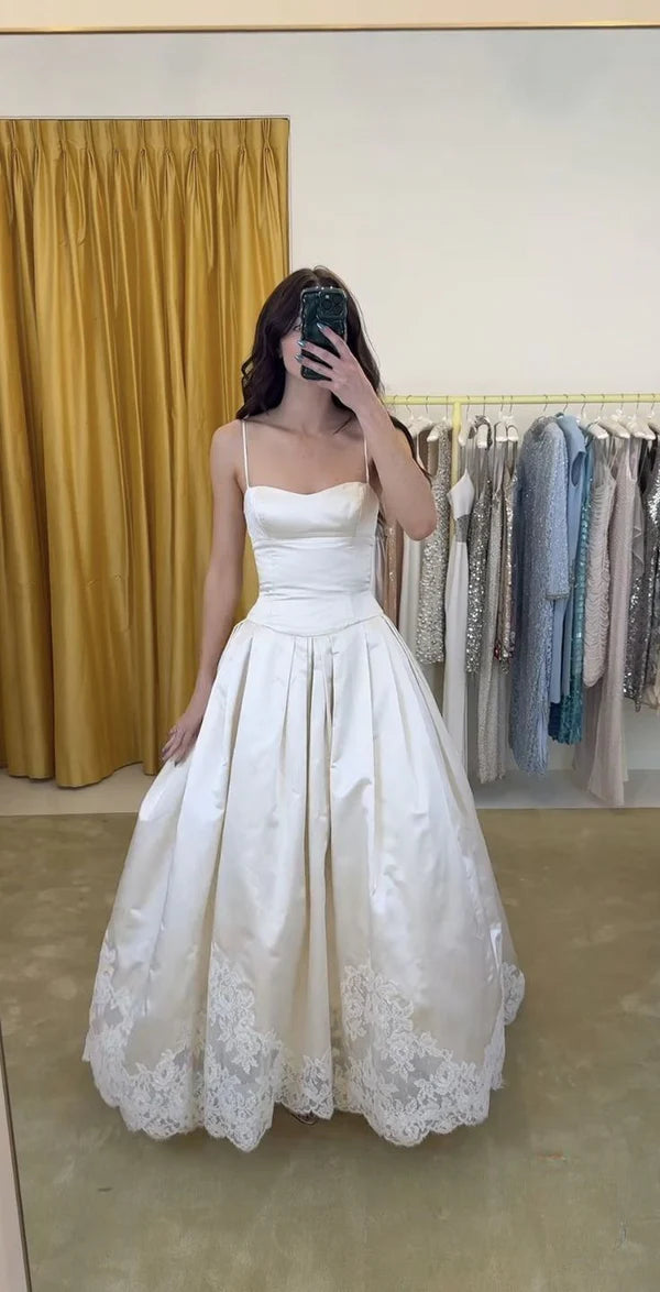 NiceVestidos--Sleeveless White Satin With Lace A line Floor length Wedding Dress NV5782