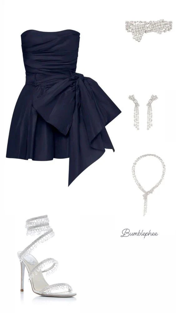 Navy blue off-the-shoulder fashionable short satin homecoming dress birthday party dress nv5279