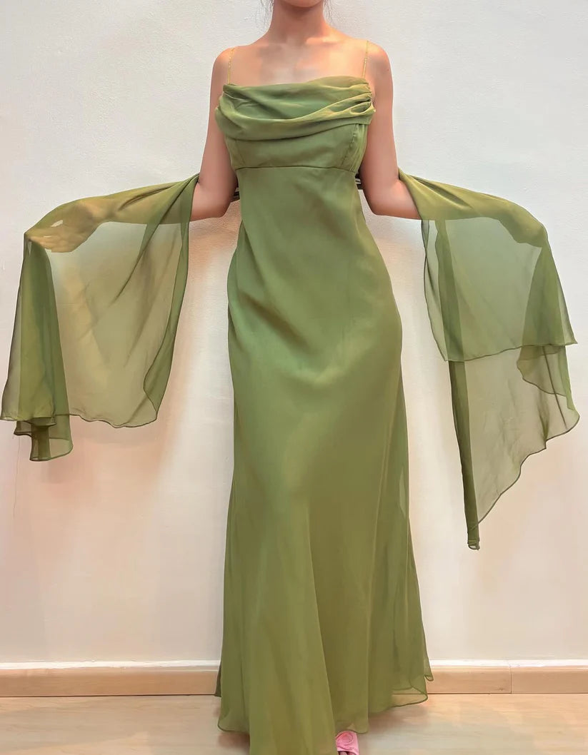 NiceVestidos -- Ärmelloses, bodenlanges Abendkleid aus lila/olivgrünem Chiffon im Feenstil NV5776