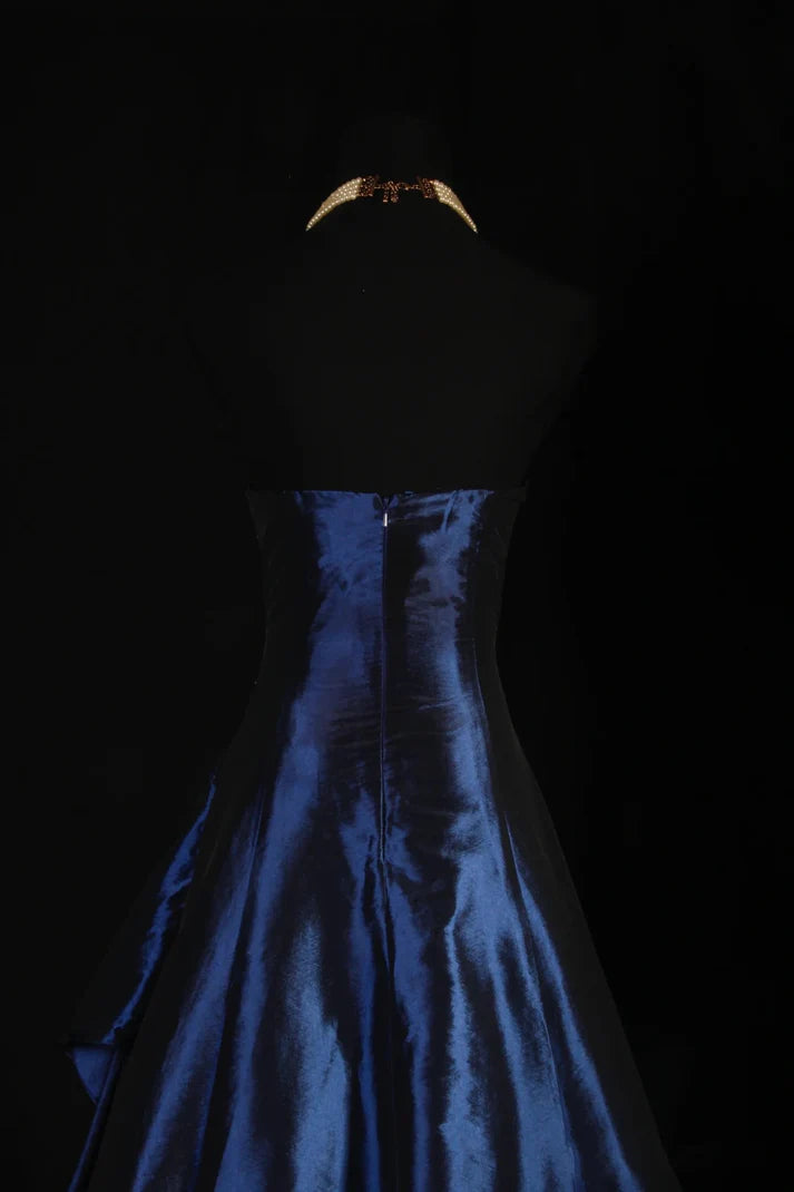 Robe de bal élégante en satin bleu marine, vintage, élégante, à épaules dénudées, longue, à perles, nv3769