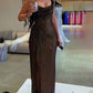Brown Shiny Sequin Maxi Dress Long Ball Gown Evening Dress nv2668