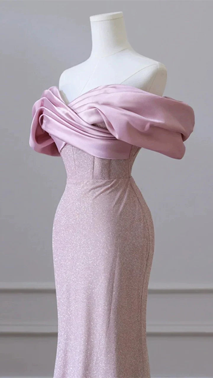 Rosa, schlichtes, schulterfreies, langes Ballkleid mit Pailletten im Meerjungfrauen-Stil, nv1918