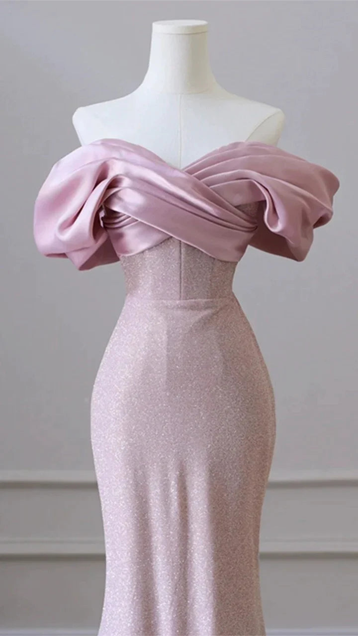 Rosa, schlichtes, schulterfreies, langes Ballkleid mit Pailletten im Meerjungfrauen-Stil, nv1918