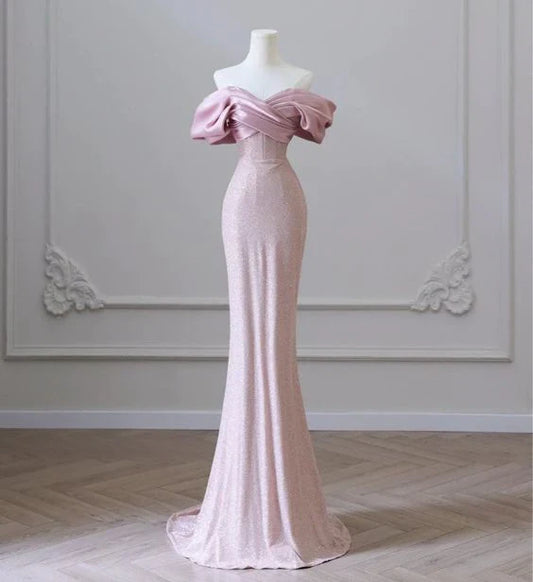 Robe de soirée longue rose simple à épaules dénudées et paillettes nv1918