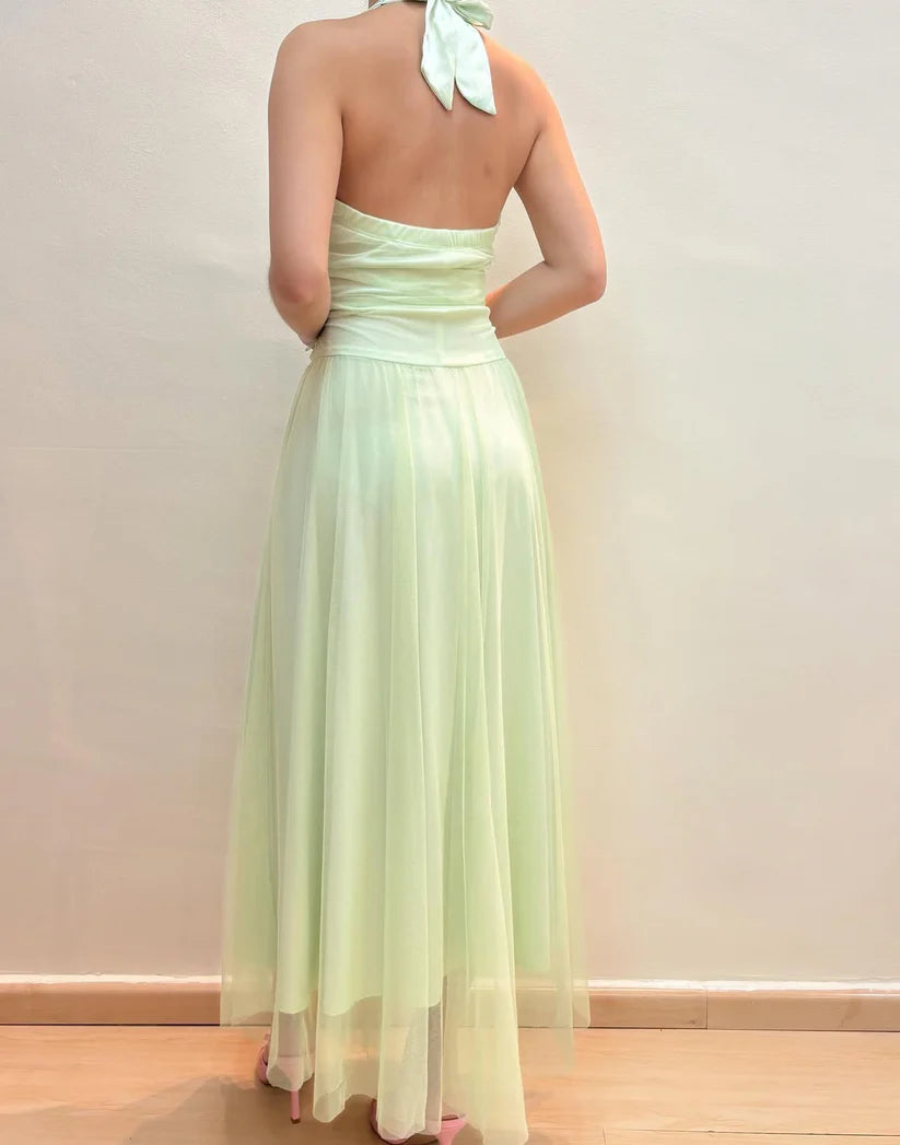NiceVestidos--SSleeveless Light Green Tulle Halter A - line Floor - length Evening Dress NV5773