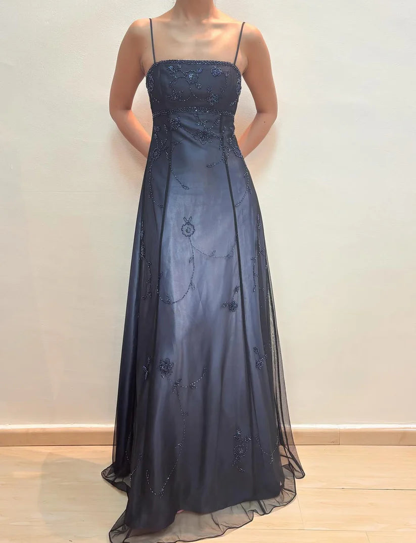 NiceVestidos--Dark blue/dark grey floral exquisite beaded long tulle prom gown fairy dress NV5777