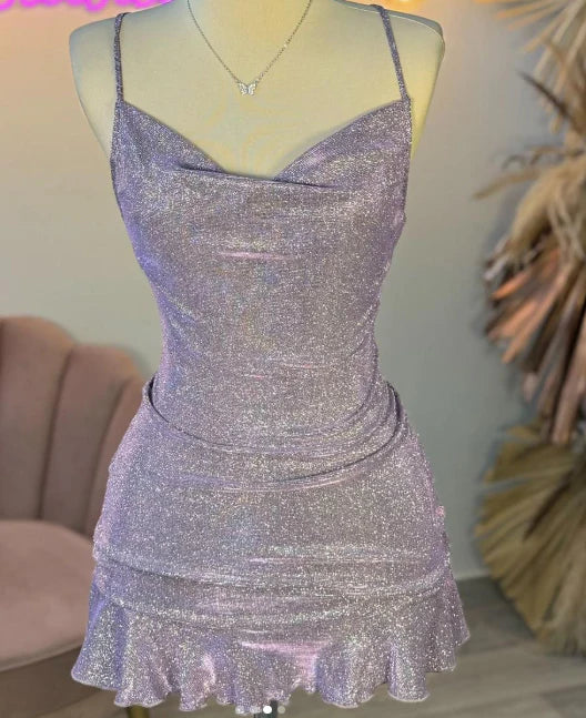 NiceVestidos--Purple Sparkling Short Satin Homecoming Dress NV5689