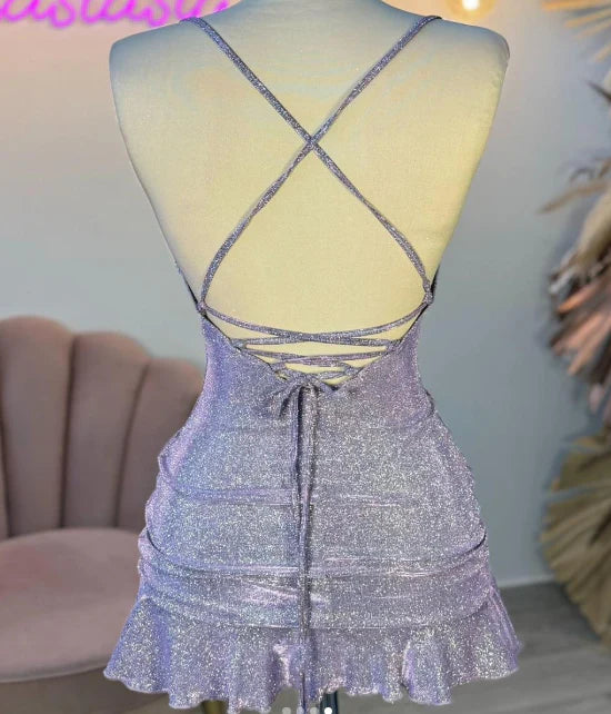 NiceVestidos--Purple Sparkling Short Satin Homecoming Dress NV5689