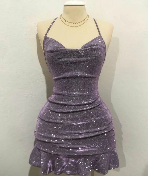 NiceVestidos--Purple Sparkling Short Satin Homecoming Dress NV5689