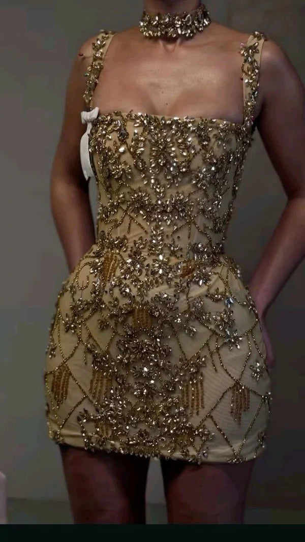 Beautiful tight square neck sleeveless gold short formal 8th grade homecoming dress summer middle school Hoco dress homecoming outfit nv5322