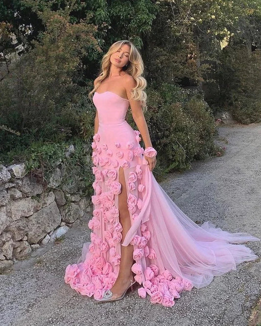 Robe de soirée sirène longue en tulle rose, élégante et magnifique, épaules dénudées, motif floral 3D, fendue, nv3600