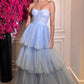 Hellblaues, schulterfreies, beeindruckendes A-Linien-Tüll-Ballkleid mit Herzausschnitt und Stufen, langes Abendkleid, Partykleid, viele Bänder, Kleid zum Beeindrucken, NV2572