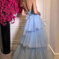 Hellblaues, schulterfreies, beeindruckendes A-Linien-Tüll-Ballkleid mit Herzausschnitt und Stufen, langes Abendkleid, Partykleid, viele Bänder, Kleid zum Beeindrucken, NV2572