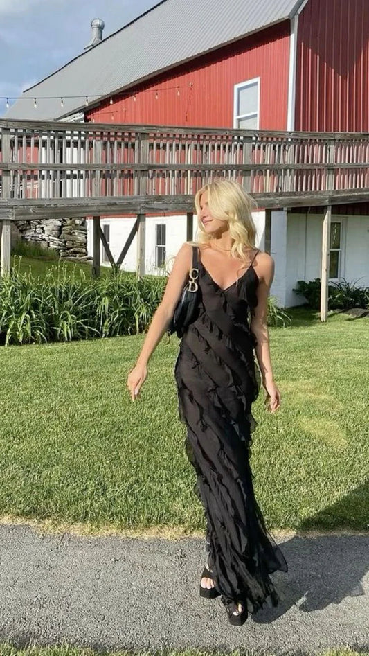 Schwarzes langes Meerjungfrauenkleid mit Spaghettiträgern und Rüschen, Partykleid für Hochzeitsgäste, Ballkleid, Abendkleid nv1952