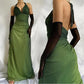 Green V-neck halter neck shiny vintage long ball gown evening dress nv1924
