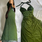 Green V-neck halter neck shiny vintage long ball gown evening dress nv1924