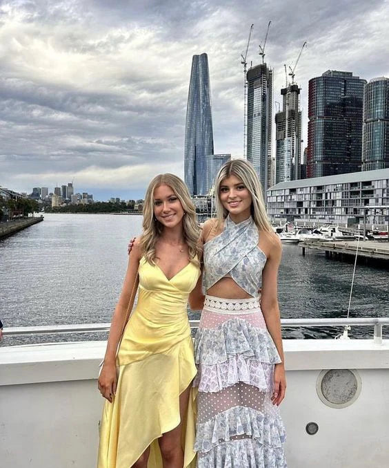 Gelbes Spaghettiträger-Rüschen-unregelmäßiger Saum, langes Ballkleid, Abendkleid, Partykleid, NV2310