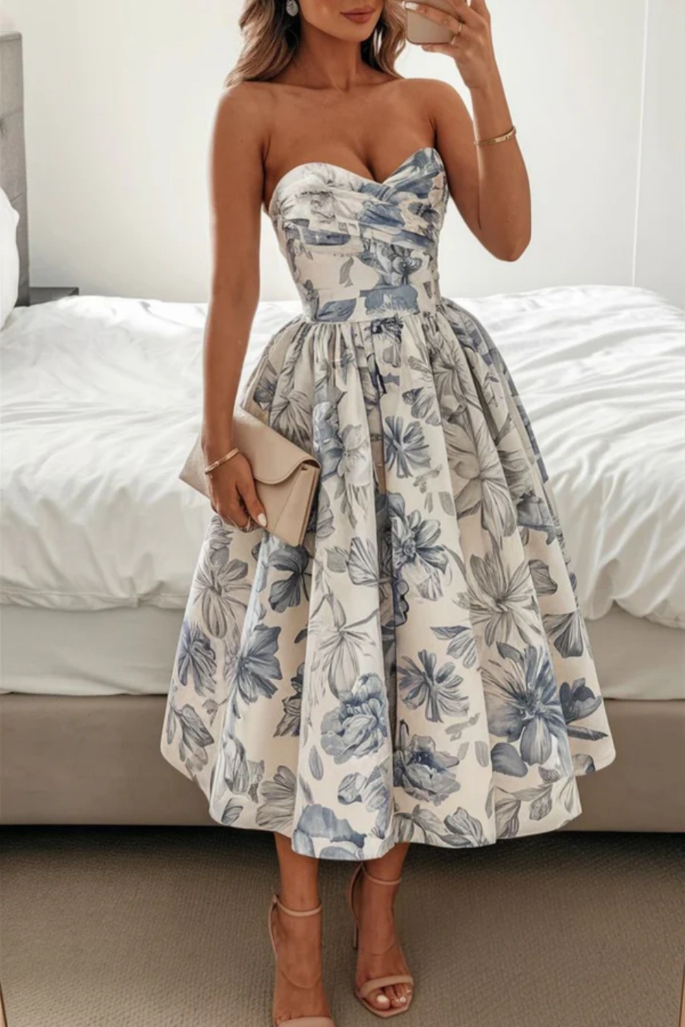 Blue floral off-the-shoulder fashion short satin homecoming dress birthday party dress nv5280