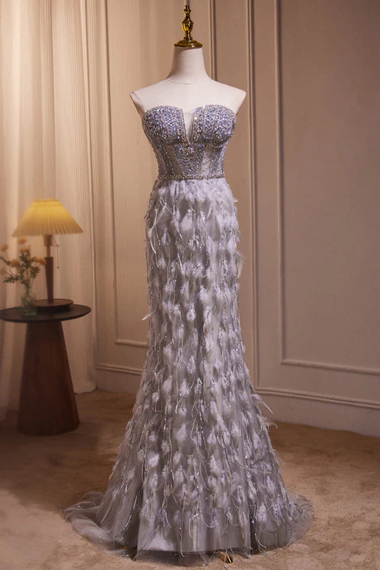 Robe de soirée longue sirène en tulle pailleté à épaules dénudées avec plumes perlées nv2048